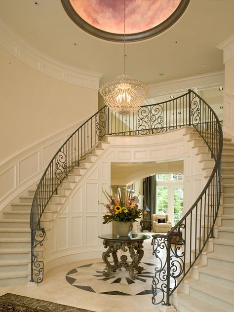 Artale grand foyer and dual staircases Double Staircase Foyer, Staircases Ideas, Parts Of A Staircase, Foyer With Stairs, Gallery Event, Big Chandelier, Double Staircase, Traditional Staircase, Large Foyer