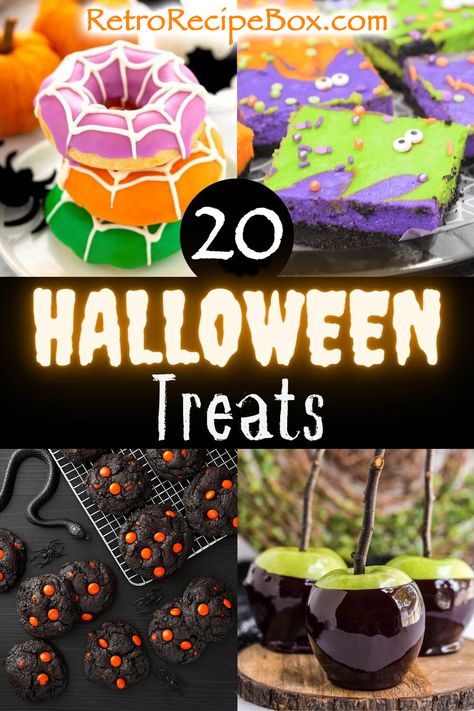 20 Spooky Halloween Treats is a collection of Halloween Party recipes that are sweet and fun. These cute Halloween treat recipes will be a monstrous success at your Halloween Party! Halloween party recipes by retrorecipebox.com Halloween Party Punch Recipes, Halloween Party Punch, Halloween Cheesecake, Halloween Party Desserts, Halloween Bark, Halloween Candy Box, Halloween Treats To Make, Cute Halloween Treats, Halloween Popcorn