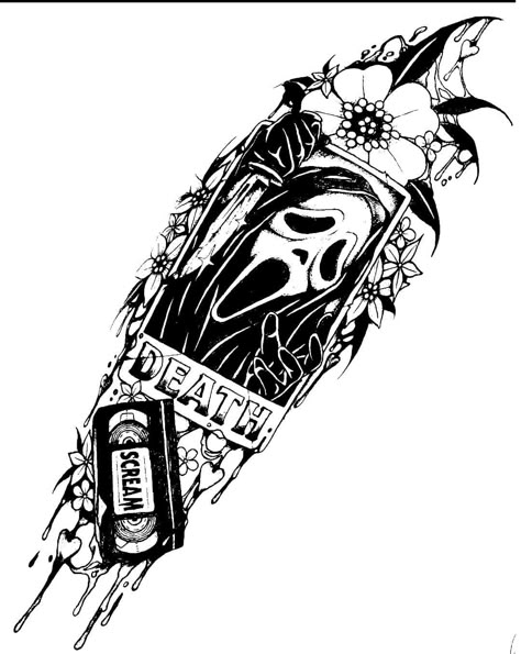 Horror Character Tattoo Sleeve, Scream Tattoo Ghostface Sleeve, Spooky Forarm Tattoos, Horror Shin Tattoo, Leg Tattoos Horror, Scream Arm Tattoo, Ghostface Forearm Tattoo, Spooky Forearm Tattoo Women, Vampire Tattoo Stencil