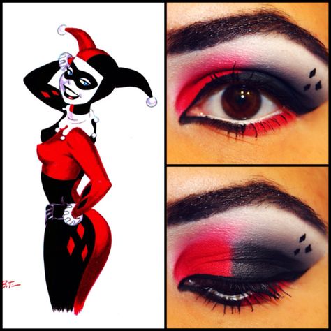 Batman: The Animated Series' Harley Quinn makeup. Harley Quinn Face Makeup, Harley Quinn Makeup Ideas Red Black, Harley Quinn Black And Red Makeup, Red And Black Harley Quinn Makeup, Harley Quinn Eye Makeup, Harley Quinn Old Version, Black And Red Harley Quinn Makeup, Harley Quinn Makeup Red Black, Harley Quinn Face Paint