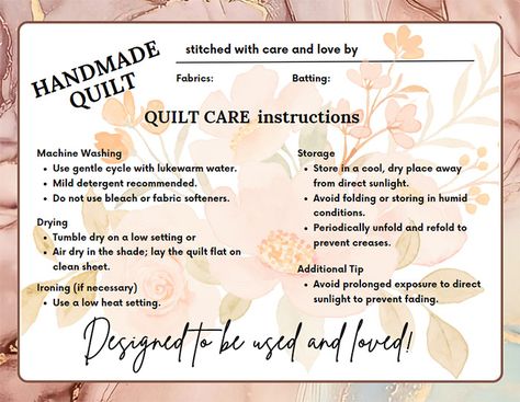 Quilt Instructions, Quilt Care Instructions Printable Free, Quilt Washing Instructions Printable, Quilt Lable Ideas, How To Make A Quilt Label, Quotes For Quilt Labels, Quilt Label With Cricut, Hand Pieced Quilts, Boho Quilt