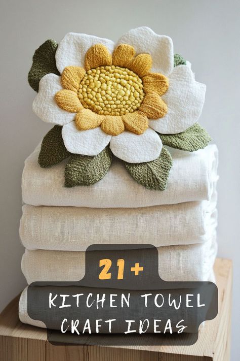 Transform ordinary kitchen towels into something extraordinary! These 21 craft ideas include everything from gift wraps to wall decor. Tap to explore all the fun and easy projects 🧵✨. #CraftingIdeas #KitchenTowelDIY #HandmadeCreations Hanging Kitchen Towels Diy, Hanging Kitchen Towels Diy Free Pattern, Flour Sack Towels Crafts, Diy Towel Holder, Hand Towel Crafts, Towel Folding Ideas, Kitchen Towels Diy, Embroidery Kitchen Towels, Dish Towel Crafts