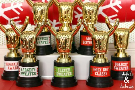 ugly christmas sweater trophies Ugly Sweater Trophy Diy, Ugly Christmas Sweater Awards, Ugly Christmas Sweater Party Ideas, Christmas Snack Mix, Diy Trophy, Christmas Chaos, Best Ugly Christmas Sweater, Tacky Sweater, Ugly Sweater Diy