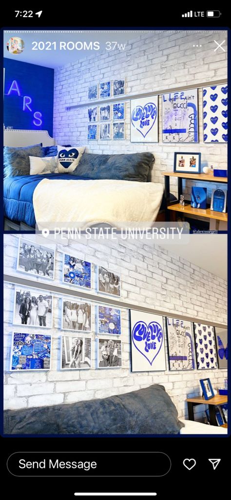 Royal Blue Dorm Room Ideas, Penn State Dorm Room, Penn State Dorm Room Ideas, Blue Dorm Room Aesthetic, Penn State Dorm, Dorm Room Colors, Blue Dorm, College Dorm Room Inspiration, Dorm Room Wall Decor