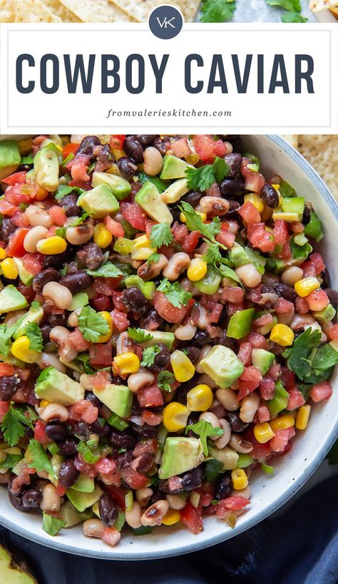 A bevy of delicious, colorful ingredients including smoky black eyed peas, black beans, sweet corn, tomatoes, and avocado create this healthy and completely irresistible Cowboy Caviar. Guaranteed to go over in a big way at any gathering. Caviar Tacos, Meatless Soup Recipes, Light Dishes, Baked Tacos, Black Eyed Pea Salad, Cowboy Beans, Salad Appetizer, Cowboy Caviar, Veggie Dinner