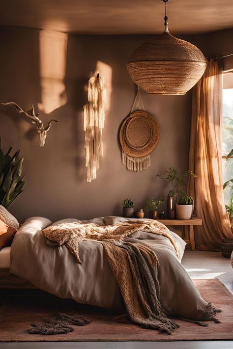 Boho Bedroom Ideas featuring woven pendant light, macrame wall art, earthy tones, Bohemian Room decor, plants, and natural textures Cozy Earthy Bedroom, Bedroom Ideas Cozy, Woven Pendant Light, Inviting Bedroom, Earthy Bedroom, Boho Bedroom Ideas, Boho Style Bedroom, Diy Boho Decor, Bohemian Room