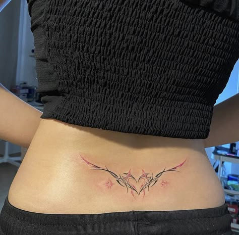 Tinder Tattoo Ideas, Leg Tat Women, Virgo Stick And Poke, Cute Aesthetic Tramp Stamp, Tramp Stamp With Back Dermals, Simple Lower Back Tattoos, Trippy Tattoos For Women, Pink Tramp Stamp, Modern Tramp Stamp Tattoos