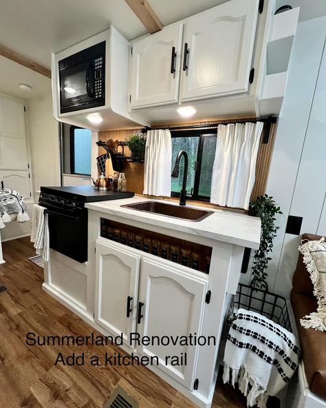 Renovate your RV kitchen to create more space… Here’s 10 of the ways we like to create a more functional kitchen area in our RV renovations. Slide to see the before pictures ➡️➡️➡️ 1. Adding a kitchen island on wheels 2. Adding a coffee bar 3. Replacing the cooktop 4. Adding a stove cover 5. Adding a pop up countertop 6. Remove the stove vent, some of them are not vented to the outside 7. Install a kitchen rail 8. Replace the sink with a less wide, deeper version 9. Adding an ap... Small Camper Kitchen, Camper Kitchen Ideas, Tiny Kitchen Hacks, Tiny Kitchen Ideas, Hacks For Small Spaces, Kitchen Rails, Stairs In Kitchen, Rv Interior Remodel, Tiny Kitchen Design