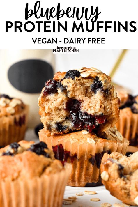 Blueberry Protein Muffins - The Conscious Plant Kitchen Gluten Free Protein Muffins, Gluten Free Dairy Free Muffins, Conscious Plant Kitchen, Blueberry Protein Muffins, Vegan Blueberry Muffins, Dairy Free Protein, Healthy Blueberry Muffins, Protein Yogurt, Pea Protein Powder