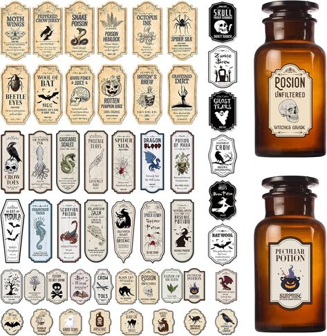 Amazon.com: Halloween Apothecary Bottle Labels Stickers - Fuznoi 100 PCS Vintage Potion Labels Animal Medicine Bottle Label Stickers Horror Ghost Witch Sticker for Water Bottles Halloween Party Supplies Decor : Electronics Potion Stickers, Prop Reference, Stickers Horror, Halloween Apothecary Labels, Horror Ghost, Halloween Apothecary, Harry Potter Potions, Apothecary Labels, Potion Labels