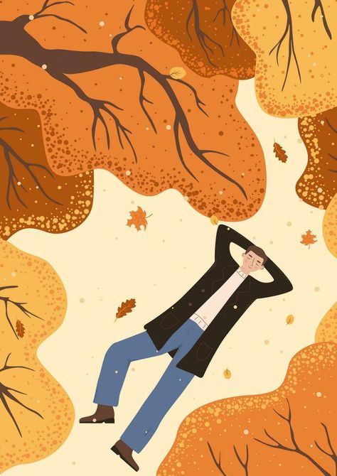 man lies under autumn trees. card with a male lying on the ground, top view. Young boy are resting in the autumn forest. Flat vector illustration, illustration, #ground, #lies, #Ad Forest Top View Illustration, Flyers Ideas, Vector Texture, Men Lie, Flat Vector Illustration, Forest Illustration, Flat Vector, Autumn Forest, Autumn Trees