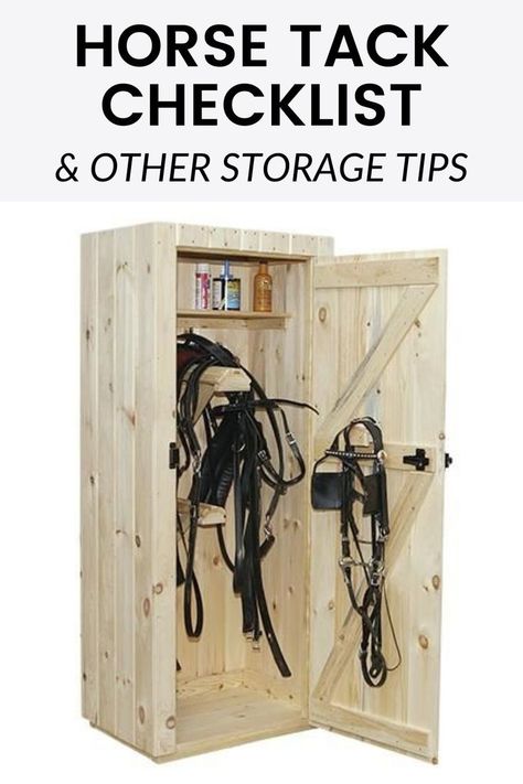 Use our handy horse tack checklist to make sure you have the equipment you need, and get tips on how to store it in an organized way so you have access to what you need when you need it. Tack Locker Diy, Horse Tack Cabinet Diy, Horse Tack Locker Diy, Horse Tack Storage, Tack Box Ideas, Tack Armoire, Tack Boxes Horse, Equestrian Tack Locker, Tack Storage