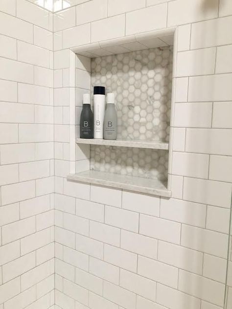 Master Bathroom Renovation Story & Reveal Bathroom Niche Ideas, Apartment Beach, Onyx Shower, Tile Shower Niche, Diy Custom Closet, Wet Room Bathroom, Tile Showers, Bathroom Niche, Main Bathroom Ideas