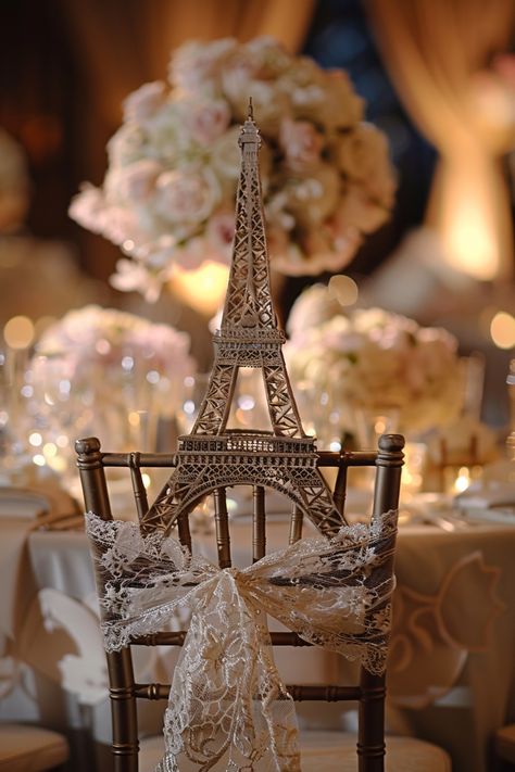 Add a touch of French romance to your big day with exquisite lace chair covers 🎀. Perfect for a chic Paris-themed wedding, these sashes against a mini Eiffel Tower centerpiece set a dreamy scene. #WeddingInspo #ParisianWedding #ElegantDecor #LaceDetails #WeddingIdeas #BridalStyle #RomanticWedding #EiffelTowerCenterpiece Let your love tower as high as Paris's iconic landmark with classy detailing. Paris Wedding Theme, Paris Themed Wedding, Lace Chair Covers, Mini Eiffel Tower, Parisian Wedding Theme, Wedding Chair Decor, Eiffel Tower Centerpiece, Paris Theme Wedding, French Romance