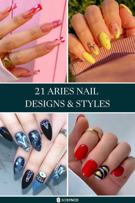 Are you an Aries looking for a bold and daring manicure? Look no further. Here are 21 stunning nail designs perfect for strong and independent Aries. Whether you want something subtle or over-the-top, these nails will ensure everyone knows that your zodiac sign is Aries. From fiery red tips to silver sparkly stiletto nails, there is something here for every kind of Aries. Get ready to turn heads with any of these amazing nail designs. Click the link to get inspired. Aries Nails Zodiac Signs, Aries Inspired Nails, Sparkly Stiletto Nails, Aries Nail Designs, Aries Nails, Red Tips, Stunning Nail Designs, Amazing Nail Designs, Fiery Red