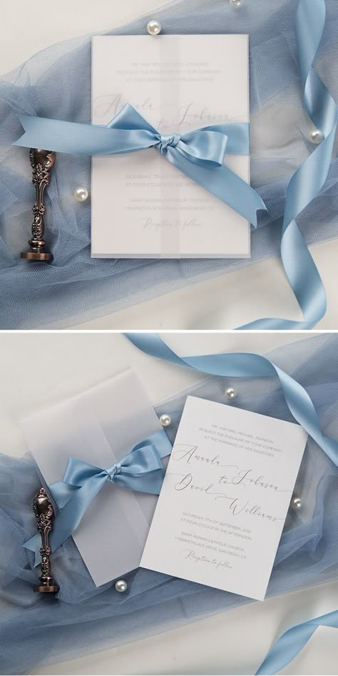 Wedding Color Theme Ideas, Wedding Invitations With Vellum, Invitations With Vellum, Transparent Invitation, Light Blue Wedding Invitations, Baby Blue Weddings, Simple Wedding Cards, Wedding Invitations With Pictures, Wedding Invitation Trends