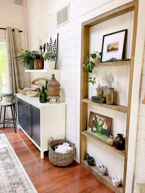 Grace In My Space, Diy Built In Shelves, Faux Fireplace Mantels, Shallow Shelves, Hot Tub Room, Installing Shiplap, Faux Fireplace Diy, Dining Room Remodel, Parents Room