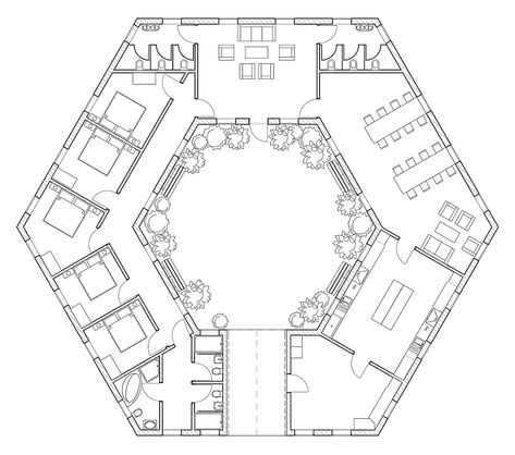 goundfloor hexagon house by MKolle #interior #building #interiorarchitect #ArchiCAD #MKolle #3DDrawing Hexagonal Building Architecture, Hexagon Interior Design, Hexagon Plan, Hexagon Architecture, Archicad Projects, Hexagon Building, Hexagonal Architecture, Hexagon Gazebo, Hexagon House