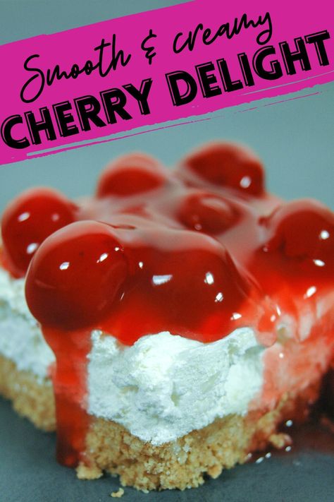 This easy no bake cherry delight recipe (also called cherry yum yum) is such an irresistible dessert! It features a perfect combination of cherry pie filling, a creamy layer of cream cheese and cool whip, and a crunchy graham cracker crust. It's perfect for any event or holiday , whether you've got a summer potluck, or holiday dessert, this recipe is so light and refreshing! No Bake Cherry Delight, Cherry Yum Yum Recipe, Cherry Delight Recipe, Cherry Yum Yum, Cherry Delight Dessert, Old Fashioned Cherries, Oreo Torte, No Bake Cherry Cheesecake, Baking For Beginners