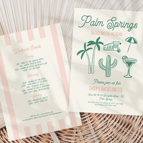 Handdrawn Palm Springs Pink Bachelorette Weekend Invitation Palms And Prosecco Bachelorette, Palm Springs Inspired Branding, Bachelorette Party Ideas Palm Springs, Bachelorette Party Themes Palm Springs, Palm Springs Invitation, Kauai Bachelorette, Palm Springs Bachelorette Itinerary, Palm Springs Birthday Theme, Bachelorette Party Palm Springs