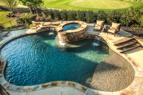 Water Features - ATLANTIS POOLS & SPAS, LLC Free Form Pool With Spa, Pool With Spill Over Spa, Lagoon Style Pool Ideas, Water Features In Pool, Curvy Pool Design, Pools With Water Features, Pool Shape Ideas, Country Pool Ideas, Pool Remodel Ideas