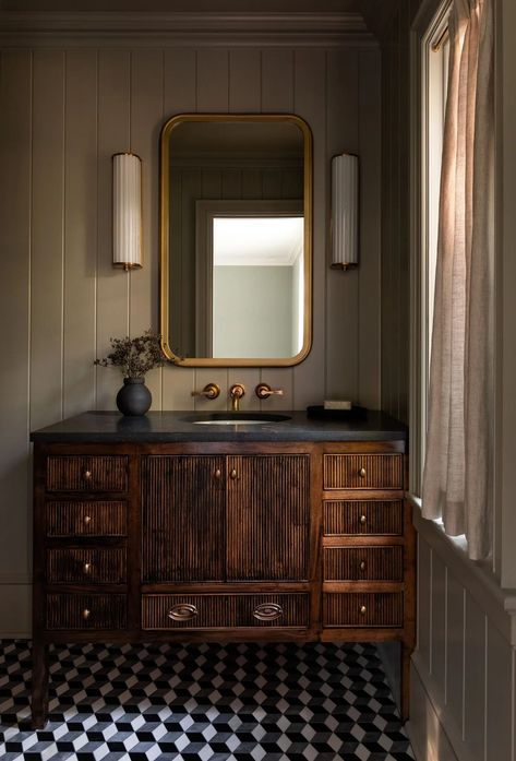 Black Counters Bathroom, Anthropology Bathroom, Moody Earthy Interior Design, Black Rustic Bathroom, Dark Vanity Bathroom Ideas, Moody Cottage, Heidi Caillier, Moody Bathroom, Vintage Inspired Home