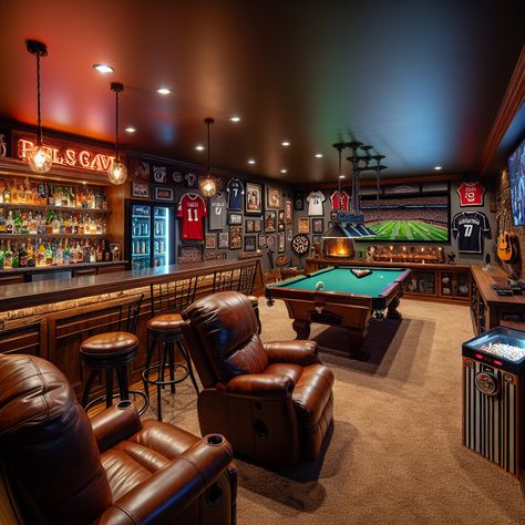 This spacious man cave boasts a well-stocked bar, big screen TV, sports memorabilia, a pool table, dartboard, recording studio, and a mini-golf section. With a popcorn machine, pinball machine, and jukebox, it's the ultimate hangout spot. #ManCave #BasementBar #HomeSportsBar #GameRoom #RecordingStudio #MiniGolf Pool Room Ideas Man Cave, Man Cave Bar Diy, Bar Americano, Pool Room Ideas, Sports Cave, Bars Ideas, Room Ideas Men, Bar Lounge Room, Bedrooms Furniture