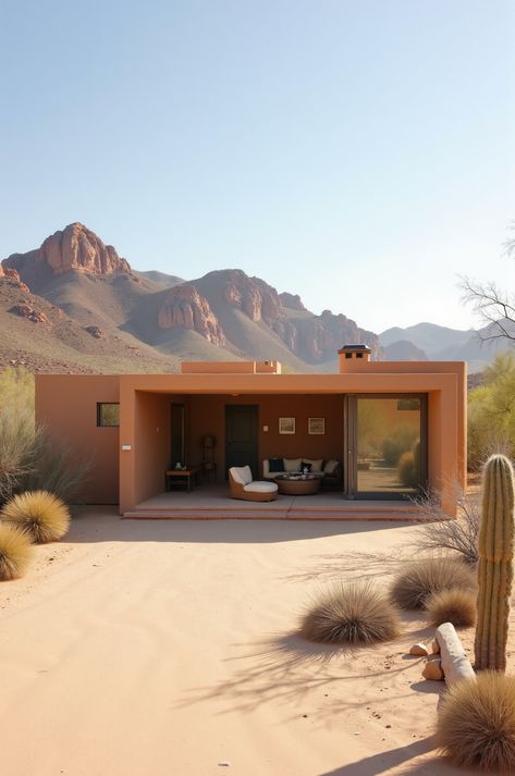 Experience tranquility in this minimalist desert retreat. This single-story home features a flat roof for optimal solar gain, a smooth stucco exterior, and sliding glass doors that open onto a shaded patio. Enjoy breathtaking views of sand, rock formations, cacti, and desert plants. #DesertHome #MinimalistLiving #SustainableDesign Modern Desert Home Exterior, Smooth Stucco Exterior, Desert Style Home, Desert Home Exterior, Arizona Houses, Desert Villa, Smooth Stucco, Shaded Patio, Modern Desert Home