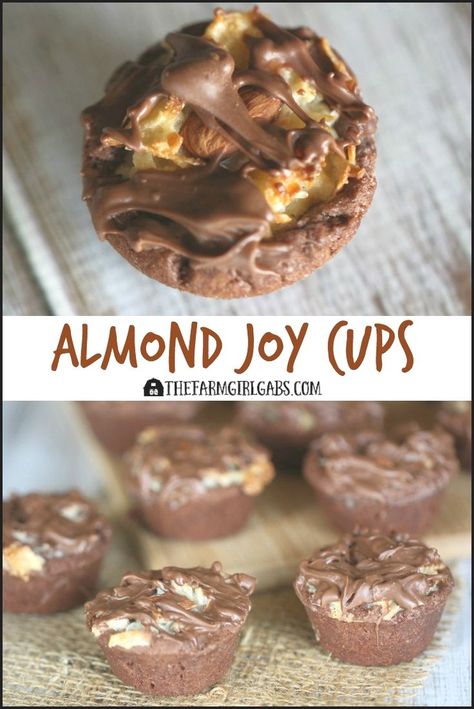 Almond Joy Cups are a delicious cookie cup with a rich chocolate shell and filled with sweet coconut and an almond. #AlmondJoyCups #Cookies #ChristmasCookies #Christmascookieexchange #Christmascookierecipe #ChristmasCookie #Baking #Dessert #holidaybaking #BakeSale #holidaybaking #holidayrecipes Pecan Pie Cups, Pie Cups, Christmas Cookie Exchange, Almond Joy, Cookie Cups, Perfect Cookie, Pecan Pie, Cookies Recipes Christmas, Farm Girl