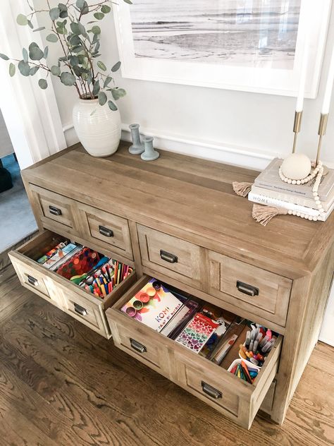 Built Ins For Toys, Subtle Toy Storage, Attractive Toy Storage Living Room, Hidden Craft Room, Living Room Hidden Toy Storage, Store Toys In Living Room, Kid Toy Storage Ideas, Hide Toys In Living Room, Toys In Living Room Organizing