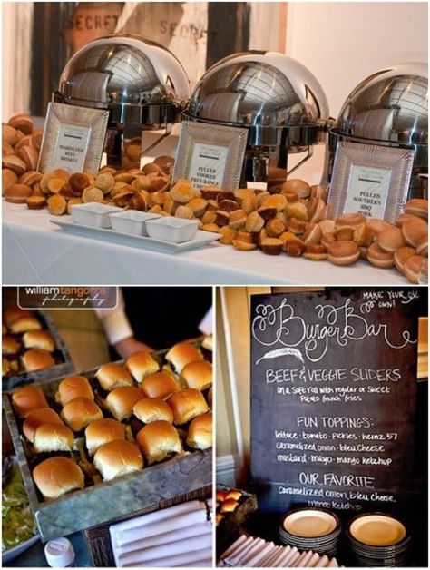 Wedding Food Bars Slider Station, Wedding Food Bars, Bagel Bar, Bar Wedding Reception, Chili Bar, Slider Bar, Biscuit Bar, Potato Bar, Food Bars