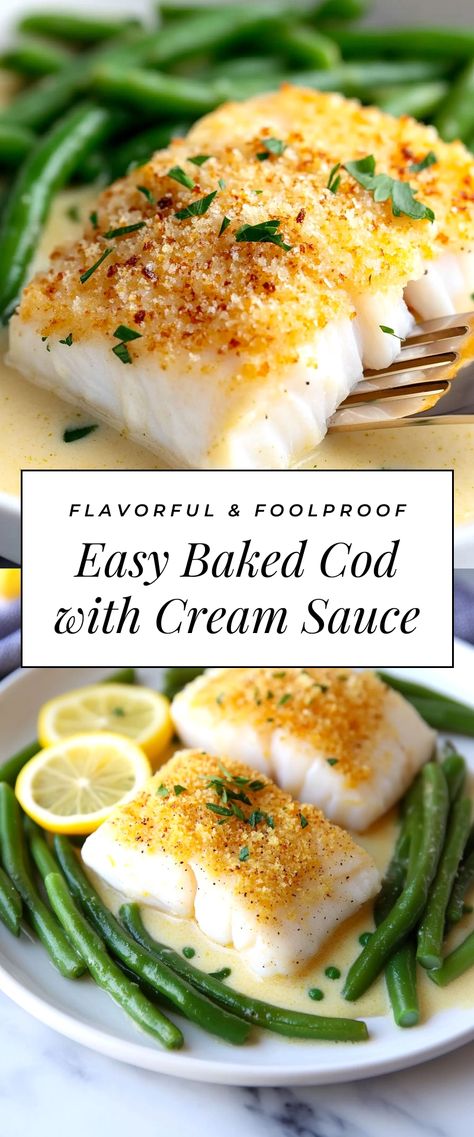 Image for Easy Baked Cod with Cream Sauce Cod Stir Fry, Cod Fish Recipes Easy, Cod Dinner Recipes, Cod Recipes Baked, Poached Cod Recipes, Whitefish Recipes, Cod Loin Recipes, Easy Baked Cod, Cod Recipes Healthy