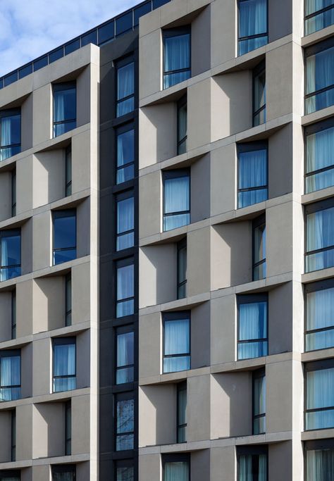 Hampton by Hilton London Waterloo | shadow | angles | recessed window | concrete shades High Rise Apartment Facade Design, Recessed Window, Mid Rise Building Facade, High Rise Condominium Facade, Administration Building Facade, Collective Housing Facade, Hotel Facade, Concrete Facade, Facade Architecture Design