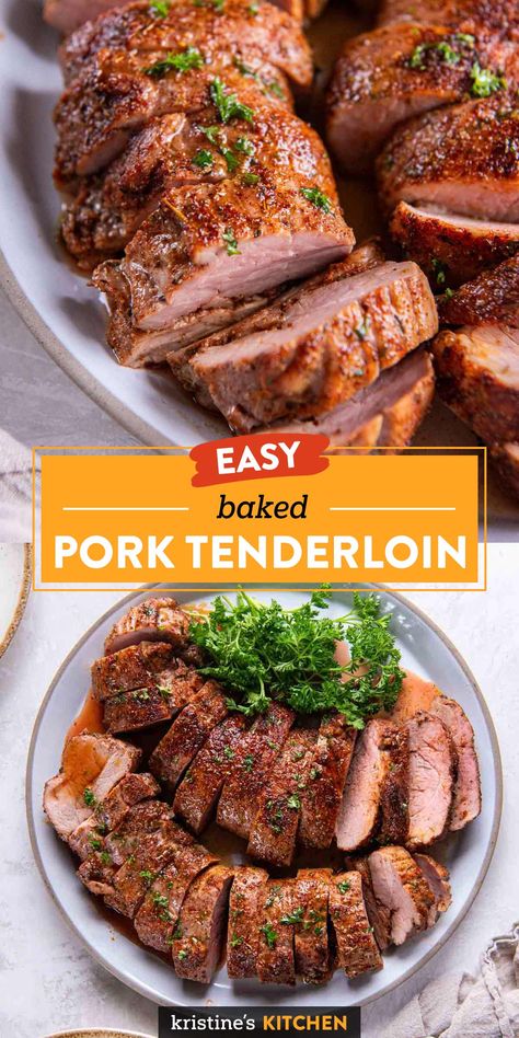 This quick and easy baked pork tenderloin recipe is one of my family's favorite dinners! Pork tenderloins are seasoned with a flavorful spice rub and baked in the oven until juicy and tender. This meal is perfect for entertaining or for an everyday family dinner. How To Bake Pork Tenderloin In Oven, Quick And Easy Pork Tenderloin Recipes, Pork Tenderloin Rub Recipes, Baked Pork Tenderloin Recipes, Pork Loin In Oven, Pork Tenderloin In Oven, Pork Tenderloin Recipes In Oven, Oven Pork Tenderloin, Oven Baked Pork Tenderloin