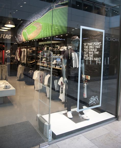 » New Era Store by Checkland Kindleysides at Westfield Stratford, London – UK New Era Store, Denim Display, Westfield Stratford, Stratford London, Store Front Windows, Spring Porch Decor, Clothing Store Interior, Clothing Store Design, Dark Color Palette