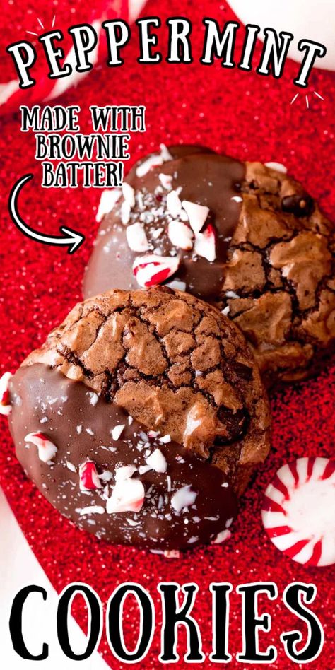 Chocolate Dipped Peppermint Brownie Cookies, Chocolate Dipped Peppermint Cookies, Brownie Mix Peppermint Brownies, Peppermint Fudge Cookies, Chocolate Peppermint Crunch Cookies, Easy Chocolate Peppermint Cookies, Andes Candy Recipes, Peppermint Dipped Cookies, Candy Cane Brownie Cookies