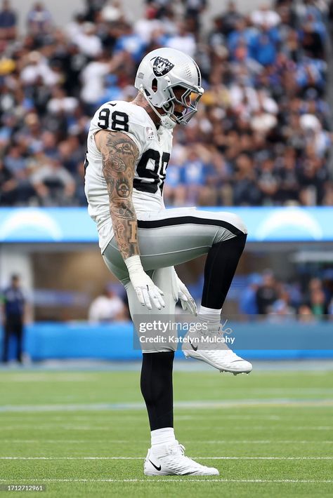 Maxx Crosby of the Las Vegas Raiders celebrates his sack agains... News Photo - Getty Images Raiders Tattoo, Max Crosby, Raiders Tattoos, Maxx Crosby, Justin Herbert, Sofi Stadium, Nfl Raiders, Inglewood California, Football American