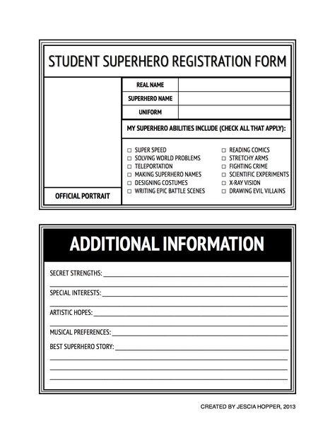 Superhero Registration Form Superhero Activities, Prevent Headaches, Ideas Salon, Superhero Classroom Theme, Writing Corner, Superhero Classroom, Magazine Ideas, Classroom Videos, Superhero Names