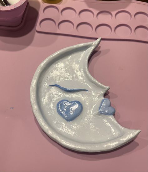 clay trinket dish handmade and sealed with a shiny glaze Air Dry Clay Moon Dish, Funky Ceramics Ideas, Clay Moon Dish, Clay Trinket Dish Ideas, Air Dry Clay Trinkets, Diy Clay Jewelry Dish, Clay Dish Ideas, Air Dry Clay Trinket Dishes, Air Dry Clay Art Ideas