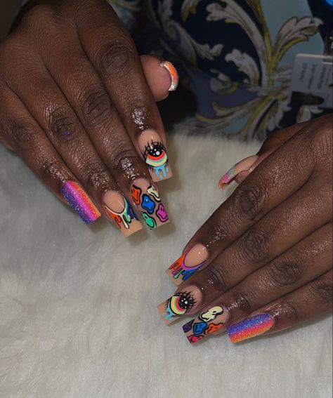 Summer nails summer nail trends acrylic nails nail inspiration colorful nails Trippy French Tip Nails, Trippy Nails Acrylic, Trippy Mushroom Nails, Shroom Nails, Trippy Nail Designs, Lsd Nails, Trippy Nails, Nails Vibrant, 2023 Nails