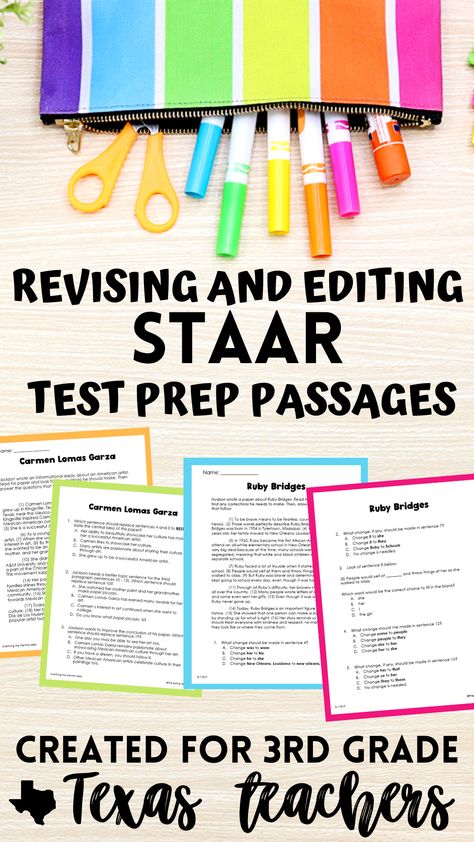 Prepping for the 3rd grade STAAR test? These revising and editing passages were written to help your students prep for the RLA STAAR test! Just print and you are ready to teach, reteach, or reinforce specific revising and editing 3rd grade TEKS. 3rd Grade Test Prep, First Grade Testing Assessment, Test Taking Strategies For Middle School, Fun Ways To Review For State Testing, Staar Test Prep 3rd Grade Math, Staar Test Prep, Third Grade Ela, Staar Test, Testing Strategies