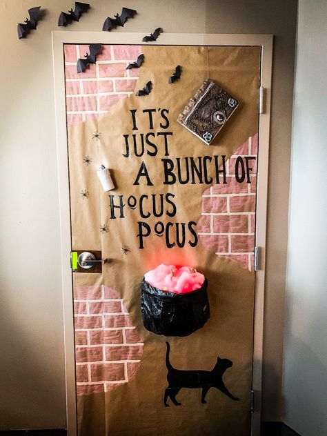 Door Decoration Ideas For Halloween, Door Designs For Halloween, Halloween Prek Classroom Door, Funny Halloween Door Contest, Fun Halloween Door Decorations, Door Decorating Ideas Halloween, Halloween Door Contest Ideas Diy, Halloween College Door Decorations, Door Design Halloween