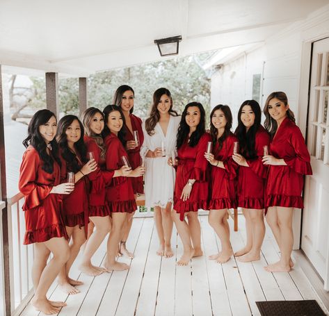 Red Satin Bridesmaid Dresses, Red Bridal Party, Winter Wedding Bridal Party Robes, Dark Red Bridal Party, Robe Pictures Wedding Bridal Parties, Elegant Red Wedding Robe, Red Long Sleeve Wedding Robe, Red Bridesmaid Robes, Christmas Bridesmaids