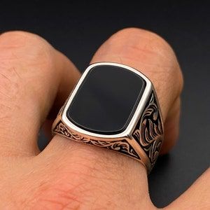 ElzSilver - Etsy Turkey Black Onyx Ring Men, Onyx Ring Men, Black Stone Ring, Men Rings, Silver Ring Designs, Handmade Silver Ring, Cute Couple Gifts, Square Stone, Silver Accessories