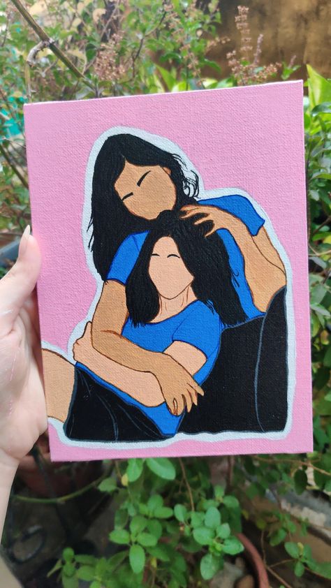 Drawing Ideas Sisters, 2 Friends Painting, Sister Art Aesthetic, Simple Paintings With Quotes, Sisters Canvas Painting Ideas, Drawing Ideas Easy Friendship, 2 Sisters Drawing Cute, Canvas Painting Ideas For Sister, Canvas Art For Friends Gift Ideas