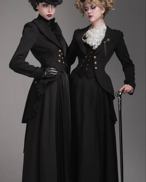 Old Victorian Outfits, Regal Aesthetic Outfits, Black Detective Outfit, Edwardian Suits Women, 19th Century London Fashion, Woman Gothic Fashion, 1900s Gothic Fashion, Different Dress Silhouettes, Royal Clothes Women