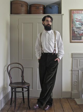 Old Town Clothing Old Fashioned Mens Clothing, Garden Outfit Men, Old Town Clothing, British Workwear, Holt Norfolk, Garden Outfit, Mens Fashion Cardigan, Men's Suspenders, Bald Men Style