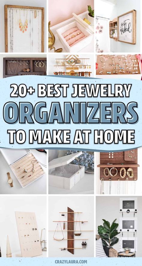 If you want to build your own jewelry storage container or you're looking for a project to get things organized with, check out these awesome DIY jewelry organizers and tutorial ideas for inspiration to start building your own! Diy Jewelry Organizer Wall Display Ideas Earring Storage, Jewelry Organizer For Small Spaces, Earrings Box Jewelry Storage, Organize Jewelry Ideas Diy, Jewelry Organizer Diy Earrings, Creative Jewelry Storage Ideas, Creative Ways To Store Jewelry, Diy Jewellery Storage, Bracelet Organization Ideas