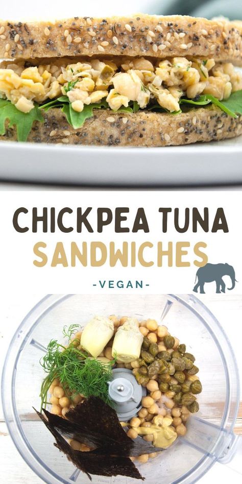 Chickpeas make a great tuna-inspired sandwich filling. The dill, capers, nori, and lemon juice add to that typical flavor. The „tuna“ mixture is also delicious in wraps! | ElephantasticVegan.com #vegantuna #chickpea