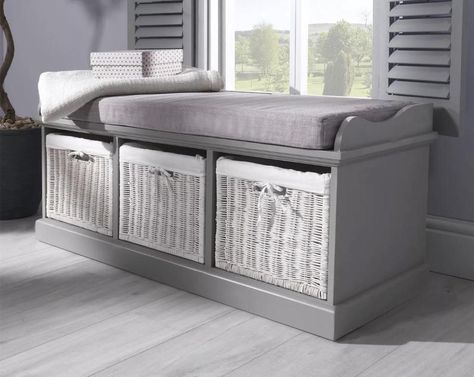 Hallway Shoe Storage Bench, Storage Bench With Baskets, Grey Storage Bench, White Storage Baskets, White Storage Bench, Hallway Shoe Storage, Hallway Storage Bench, Storage Bench With Cushion, Window Bench